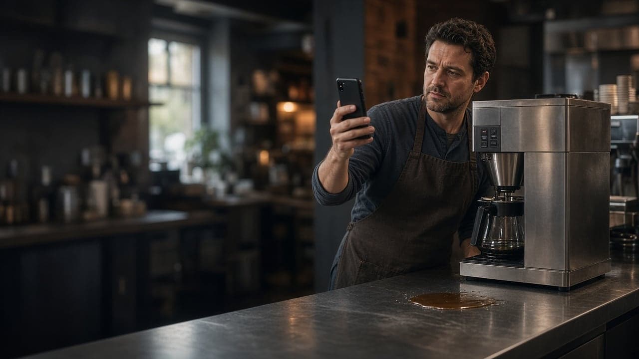 Cafe owner photographing a leaking coffee brewer to send with a repair request