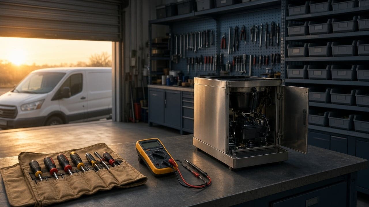 Repair shop workbench with a coffee brewer open for service, parts shelves, and a service van at sunrise