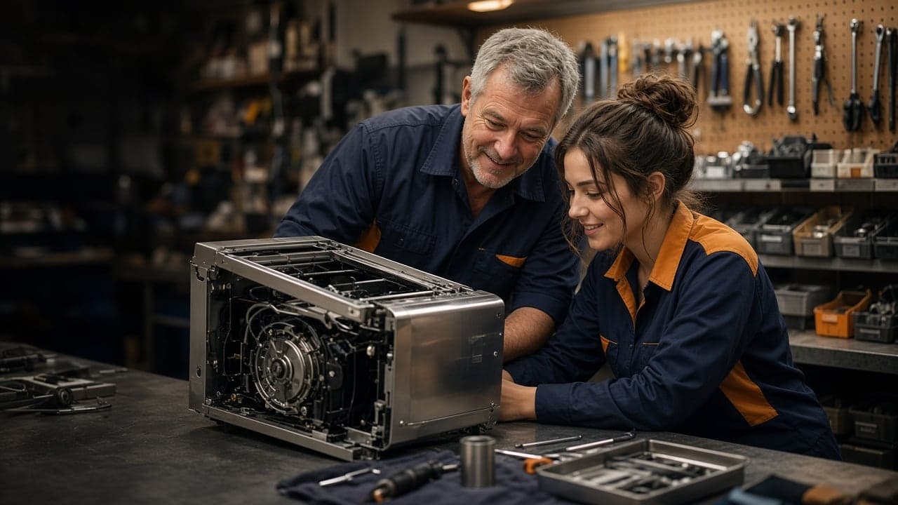 Senior technician mentoring an apprentice at the repair shop workbench