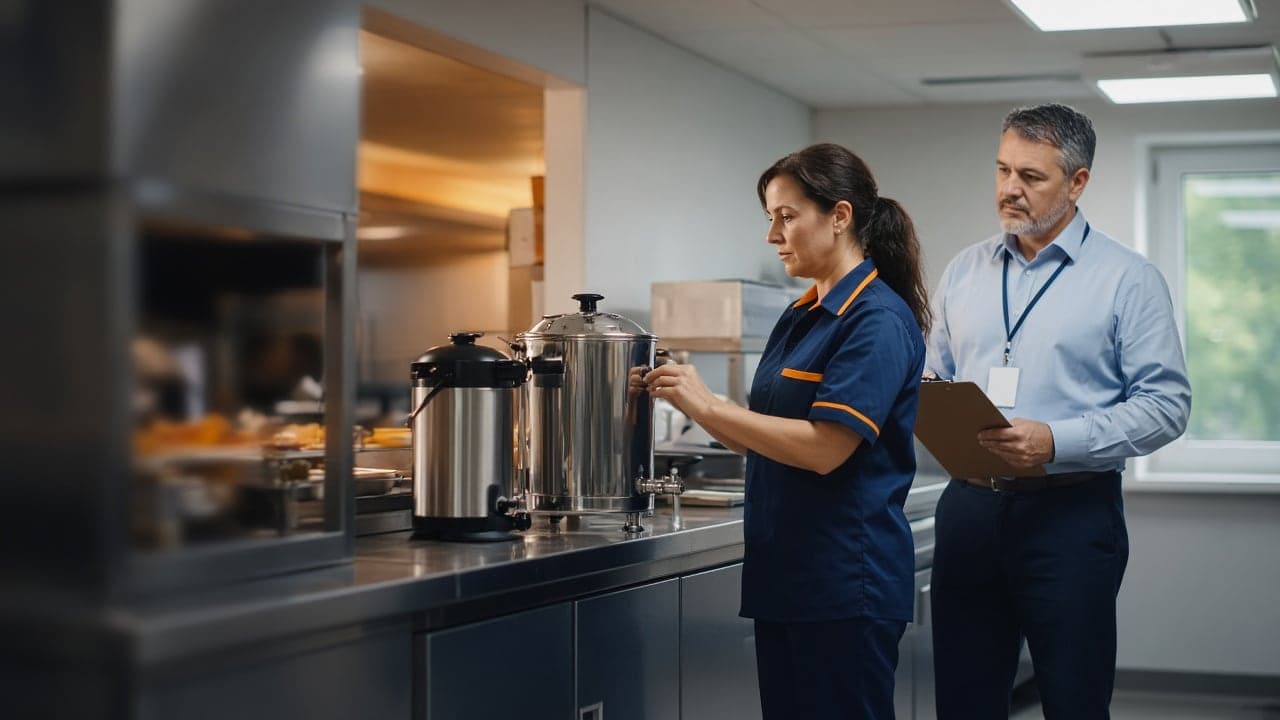 Technician inspecting a coffee urn in a public facility kitchen with a facilities manager