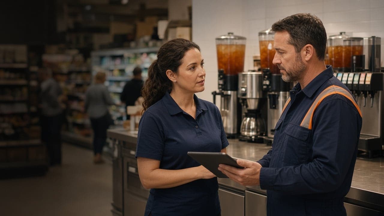 Store manager reviewing a service visit with a technician at the beverage station