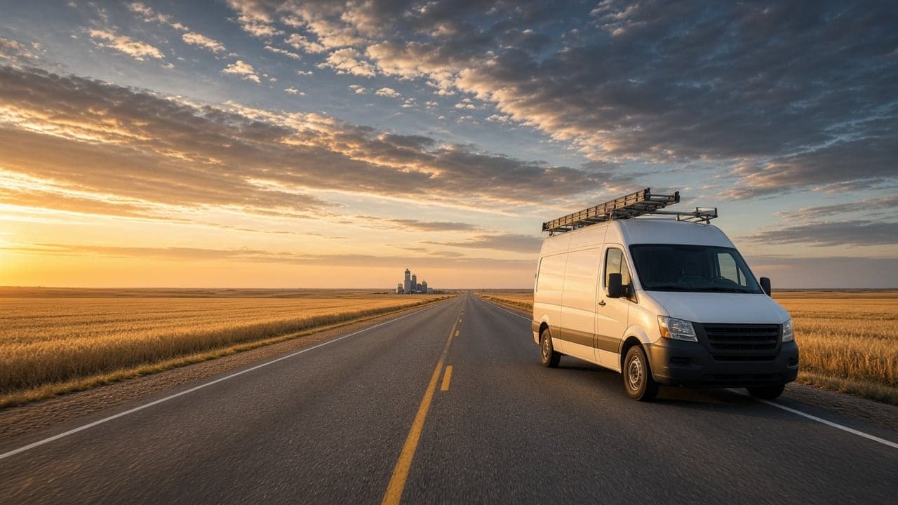 Service van on a highway through Kansas wheat fields at sunrise