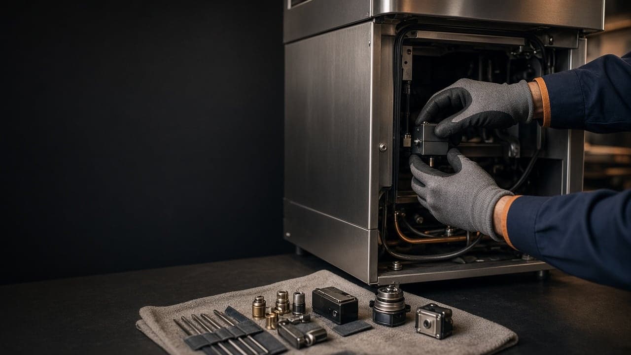 Technician replacing a part inside a commercial beverage dispenser